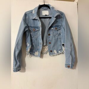 Women’s BBJ Los Angeles Distressed Light Blue Denim Jacket Medium